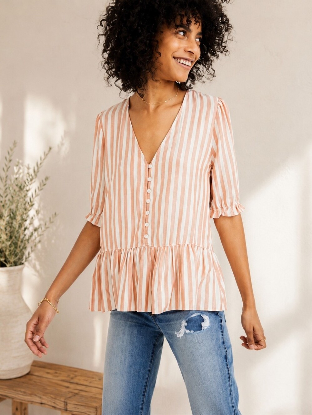Madewell Courtyard Ruffle-Hem Top in Stripe Size Small